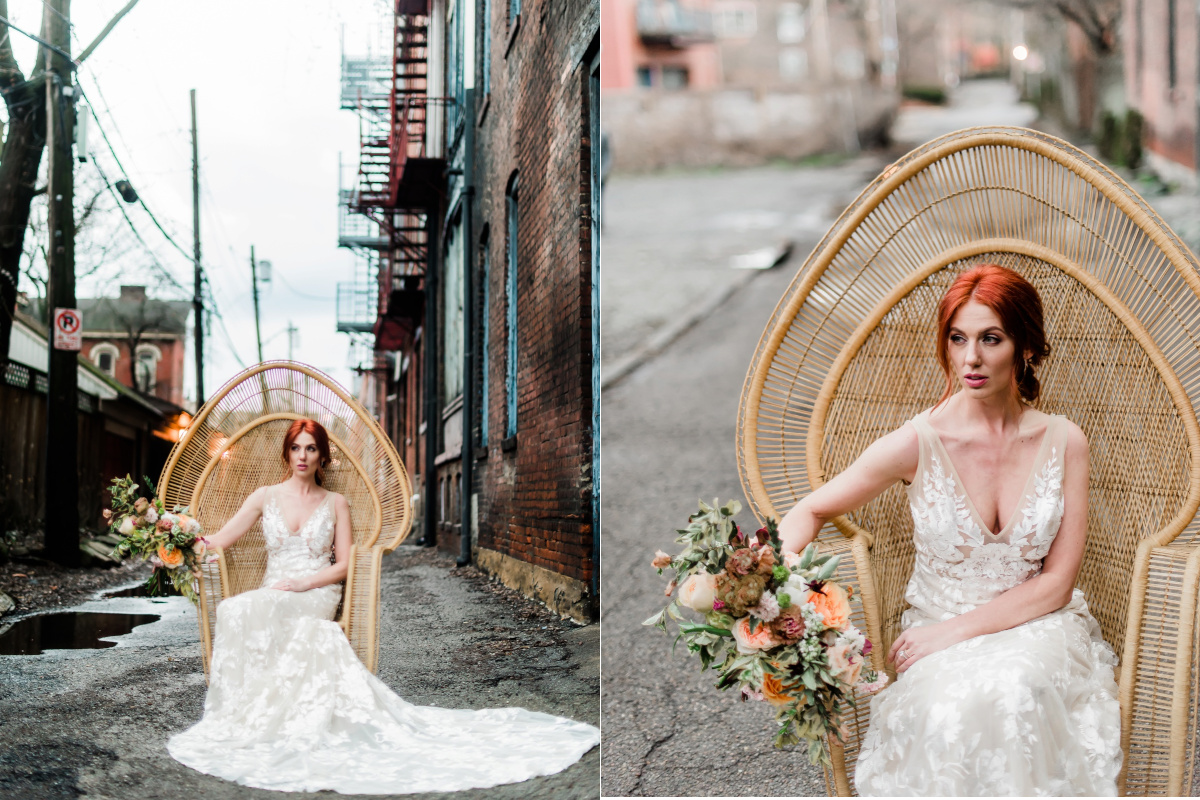 Свадьба бохо невеста с букетом цветов на улице сидя на стуле