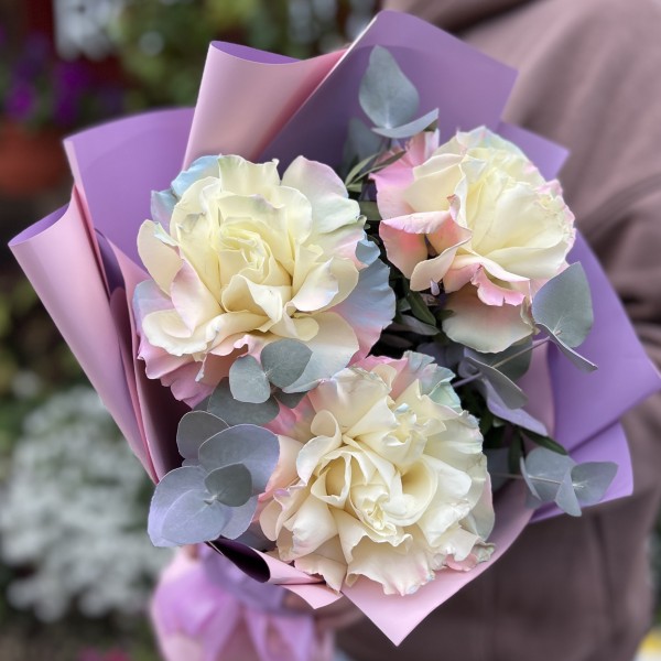 3 пышные радужные розово-бело-голубые розы