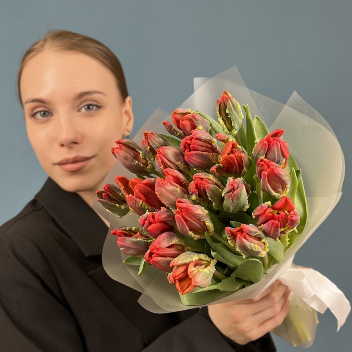 21 красный тюльпан с желтым краем попугай Рококо