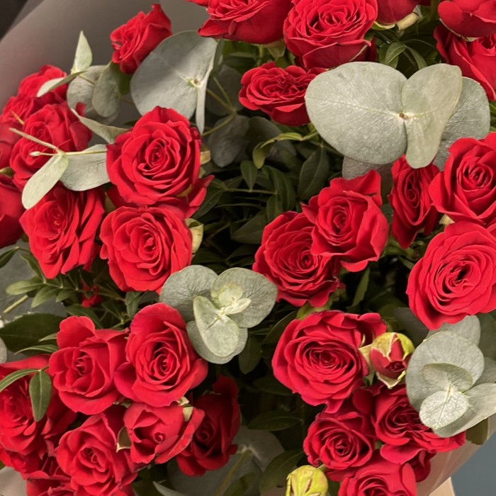 9 красных кустовых роз Рубикон 40 см с эвкалиптом