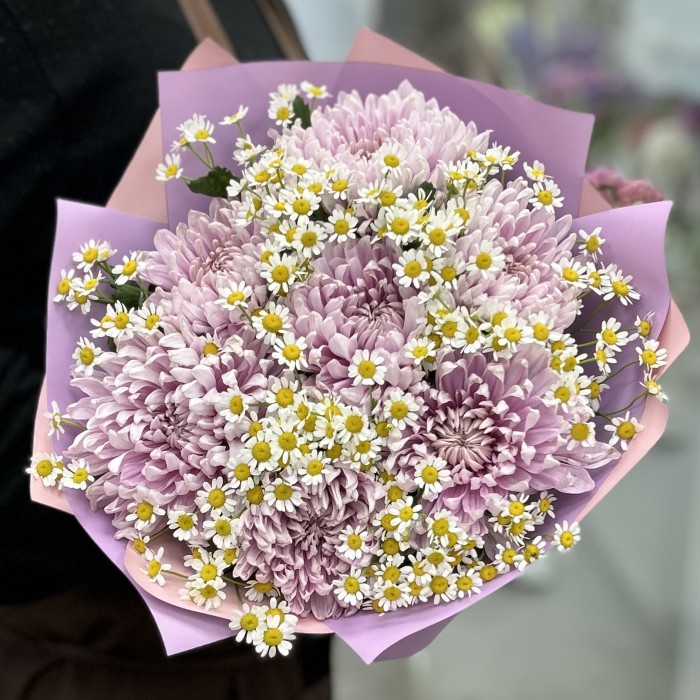 7 сиреневых хризантем с ромашкой