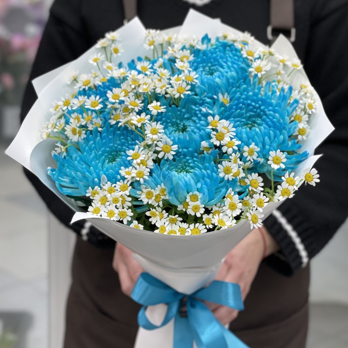 7 бирюзовых хризантем с ромашкой