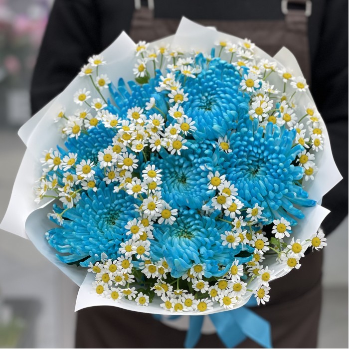 7 бирюзовых хризантем с ромашкой