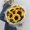 5 подсолнухов с красной альстромерией