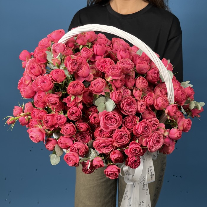 51 кустовая пионовидная малиновая роза Гранд Трендсеттер в корзине