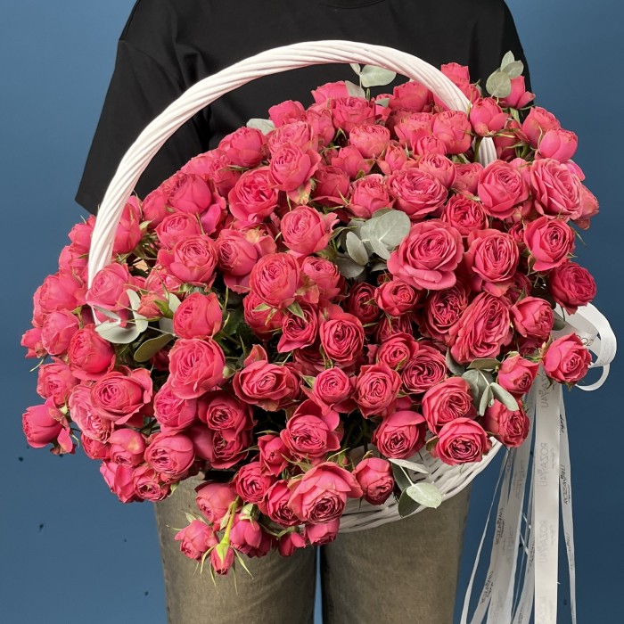 51 кустовая пионовидная малиновая роза Гранд Трендсеттер в корзине