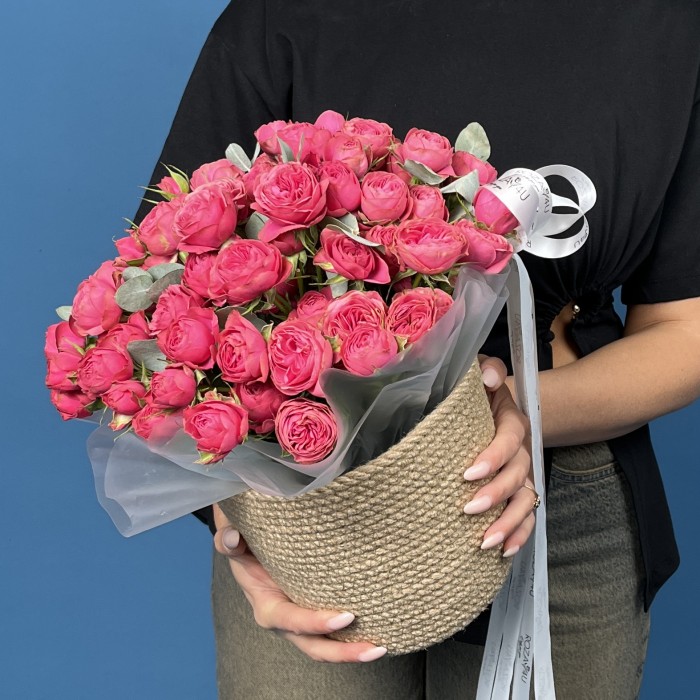 15 кустовых пионовидных малиновых роз Гранд Трендсеттер в кашпо