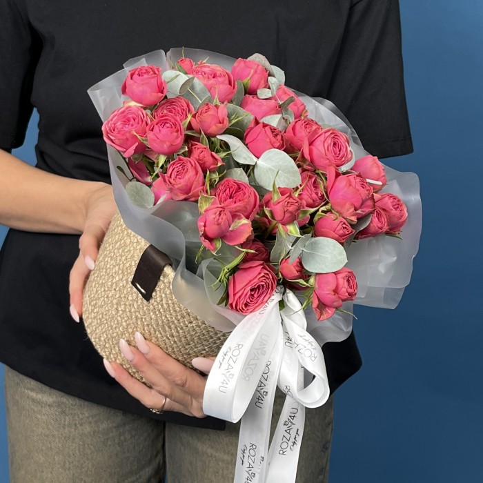 5 кустовых пионовидных малиновых роз Гранд Трендсеттер в кашпо