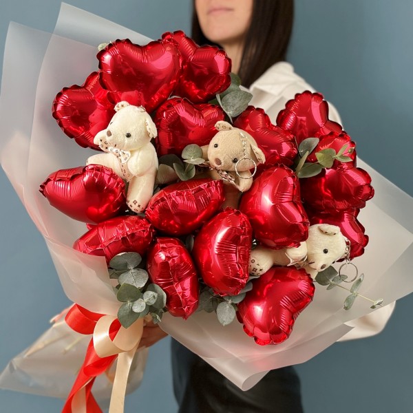 Букет Мини-шарики Сердца с мишками