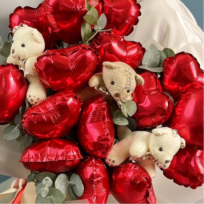 Букет Мини-шарики Сердца с мишками