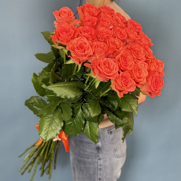 25 оранжевых роз Вау 80 см