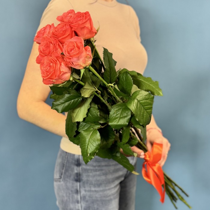 7 оранжевых роз Вау 80 см
