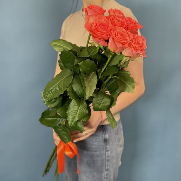 7 оранжевых роз Вау 80 см
