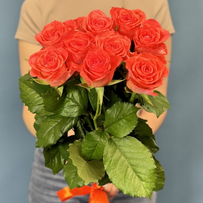 9 оранжевых роз Вау 80 см