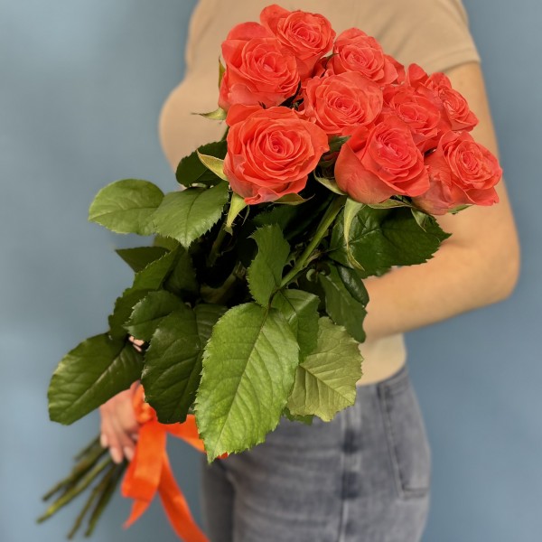 9 оранжевых роз Вау 80 см