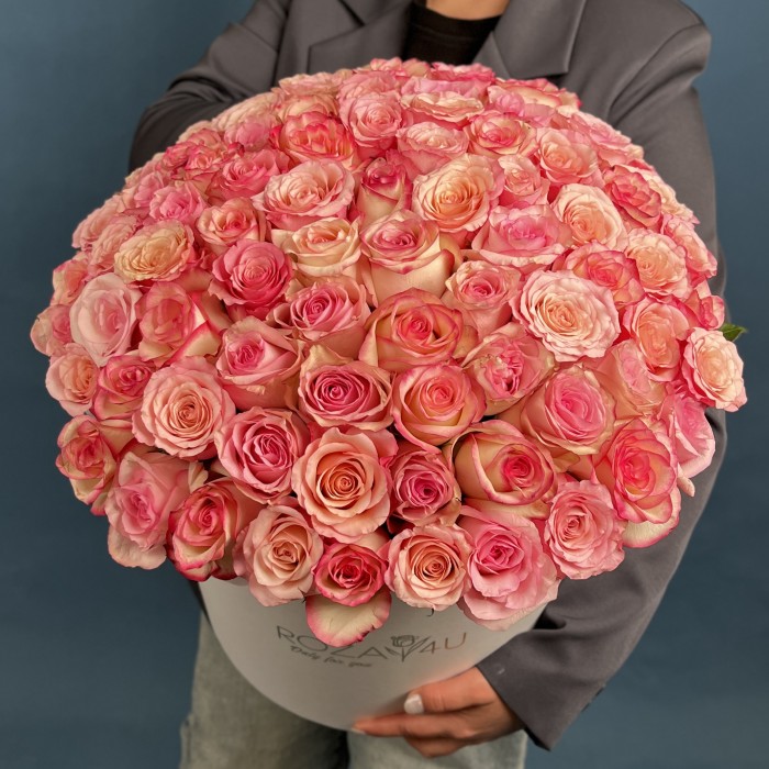 101 розовая роза Микс Алани в коробке