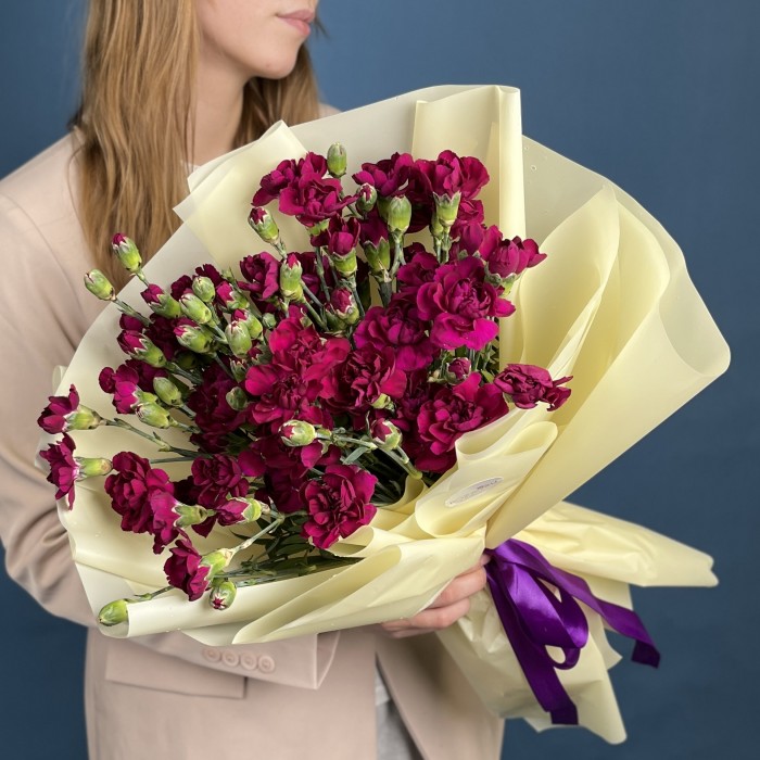 Букет из 25 фиолетовых кустовых гвоздик