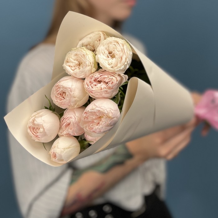 3 розовые пионовидные розы Мансфилд парк 40 см