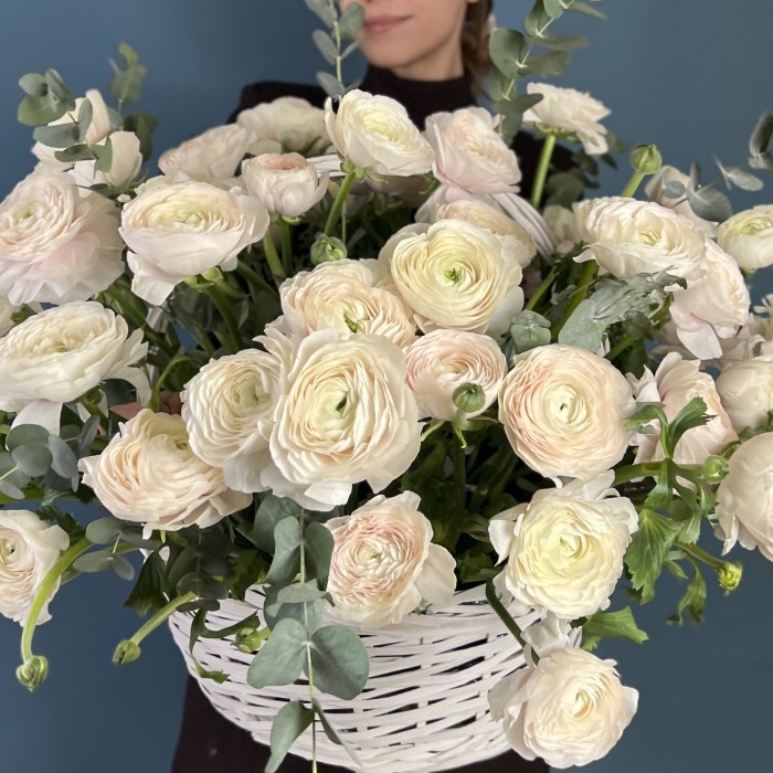51 ранункулюс Ханой в корзине с эвкалиптом