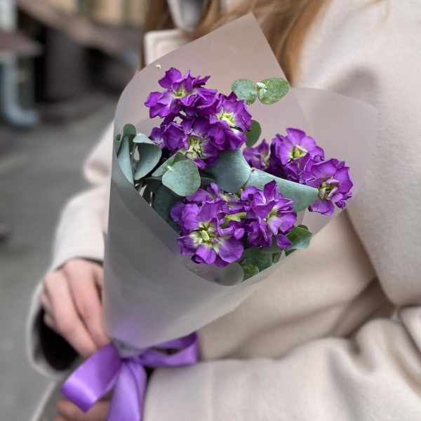 3 фиолетовые маттиолы с эвкалиптом