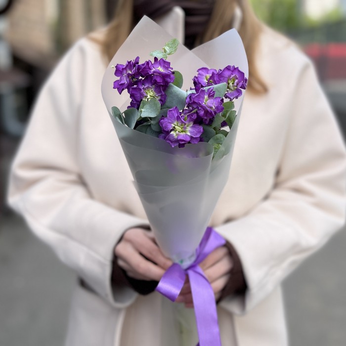 3 фиолетовые маттиолы с эвкалиптом