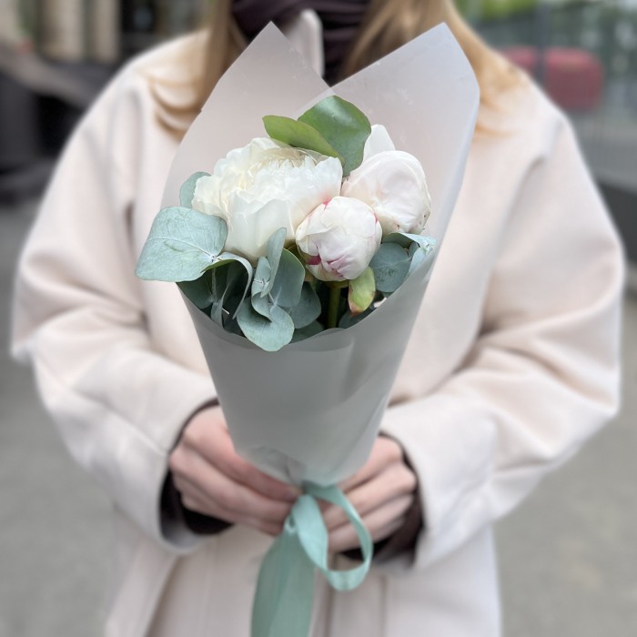 3 пиона Фестива XL с эвкалиптом