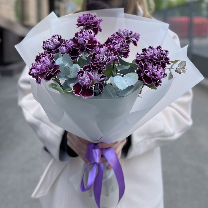 Букет из 11 гвоздик сорта Минерва с эвкалиптом