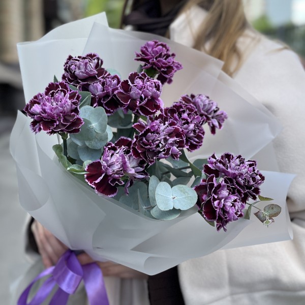 Букет из 11 гвоздик сорта Минерва с эвкалиптом