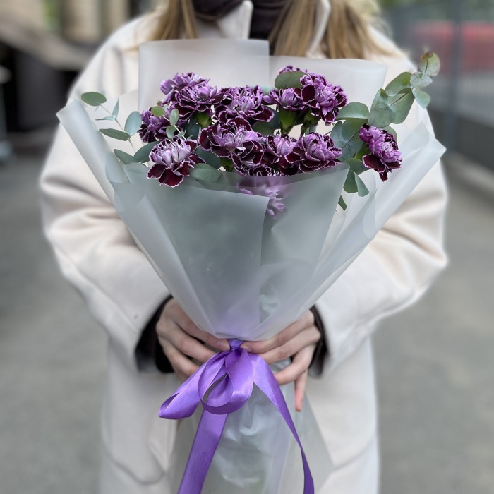 Букет из 15 гвоздик сорта Минерва с эвкалиптом