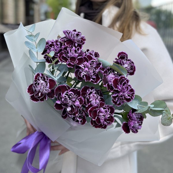 Букет из 15 гвоздик сорта Минерва с эвкалиптом