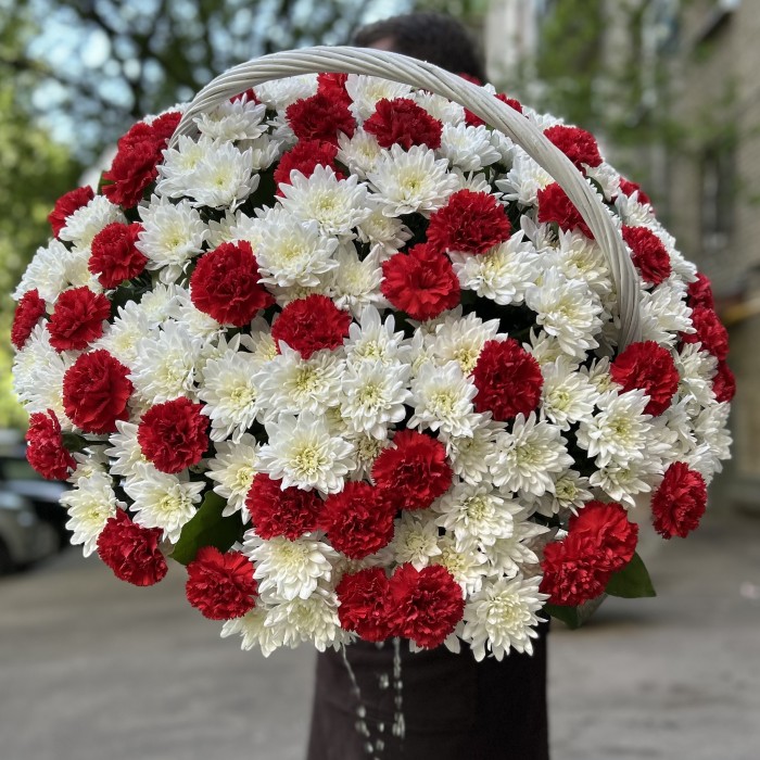 Корзина хризантем с красными гвоздиками