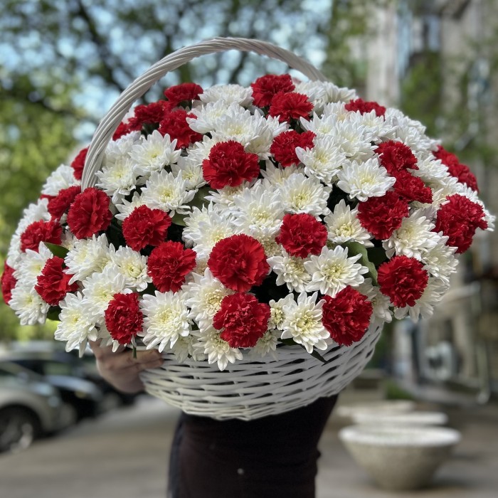 Корзина хризантем с красными гвоздиками