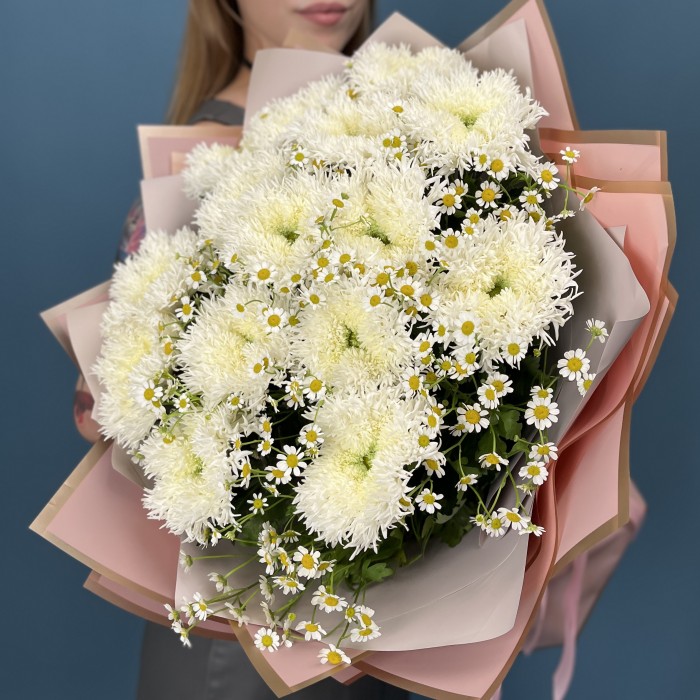 15 белых пушистых хризантем с ромашкой