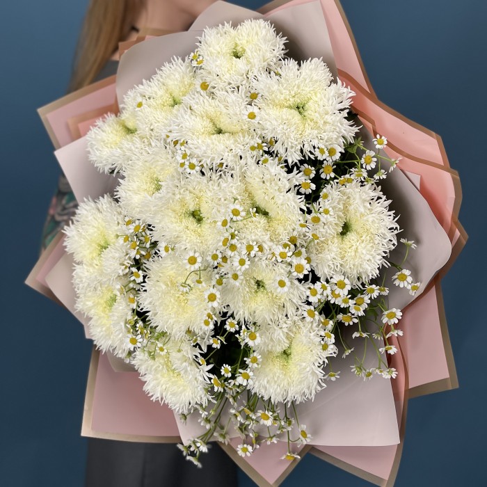 15 белых пушистых хризантем с ромашкой
