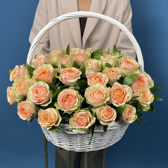 51 пионовидная кремовая роза Гравити в корзине