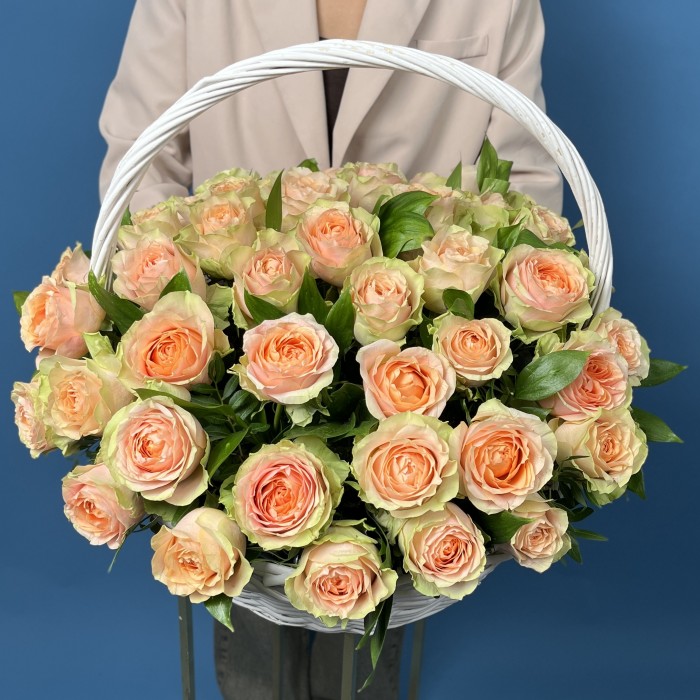 51 пионовидная кремовая роза Гравити в корзине
