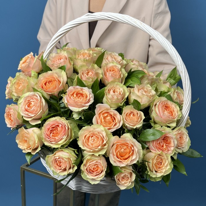 51 пионовидная кремовая роза Гравити в корзине
