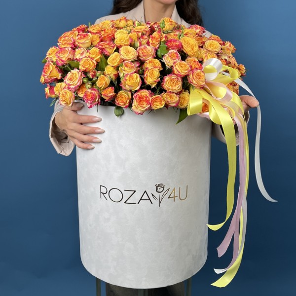 51 кустовая роза Саммер Дэнс в большой бархатной коробке