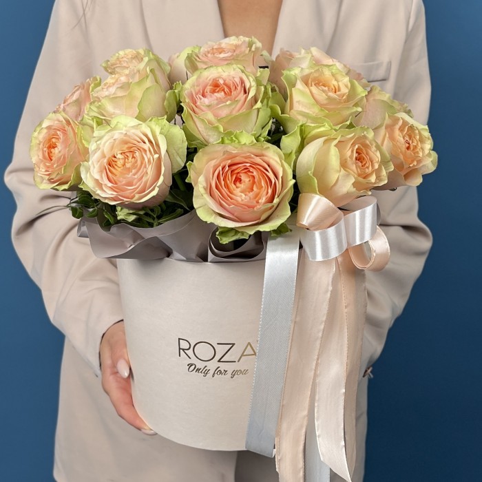 15 пионовидных кремовых роз Гравити в коробке