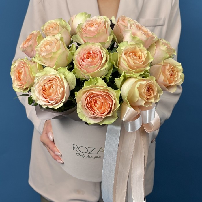 15 пионовидных кремовых роз Гравити в коробке