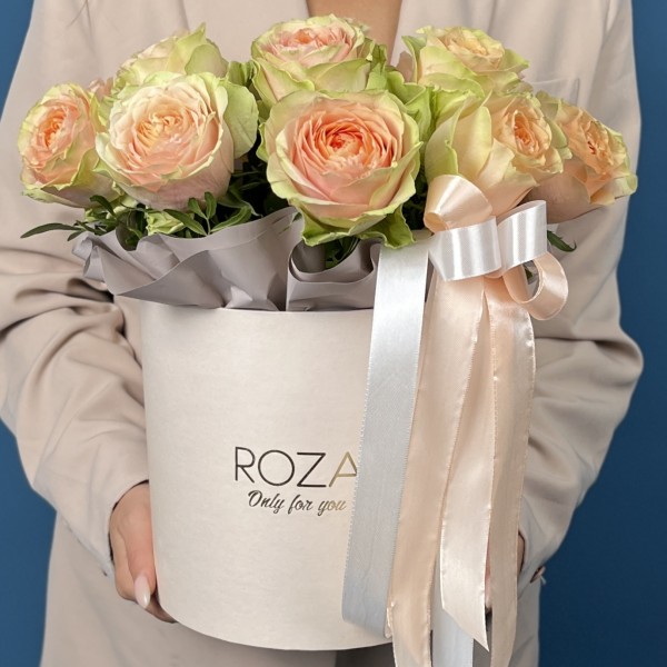 15 пионовидных кремовых роз Гравити в коробке