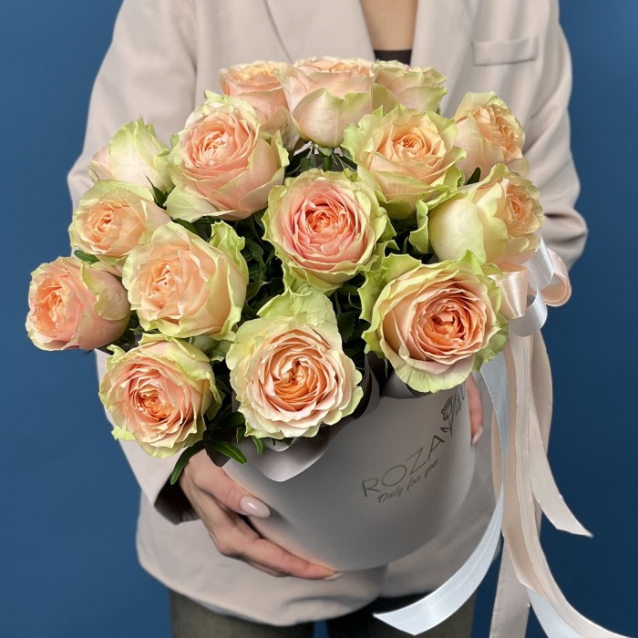 15 пионовидных кремовых роз Гравити в коробке