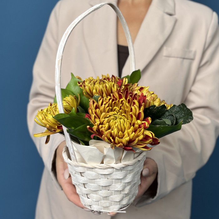 5 Желто-красных хризантем Том Пирс в корзине