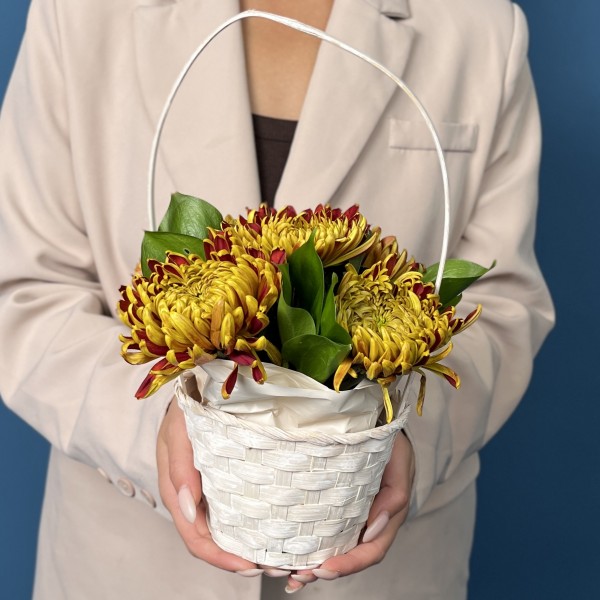 5 Желто-красных хризантем Том Пирс в корзине