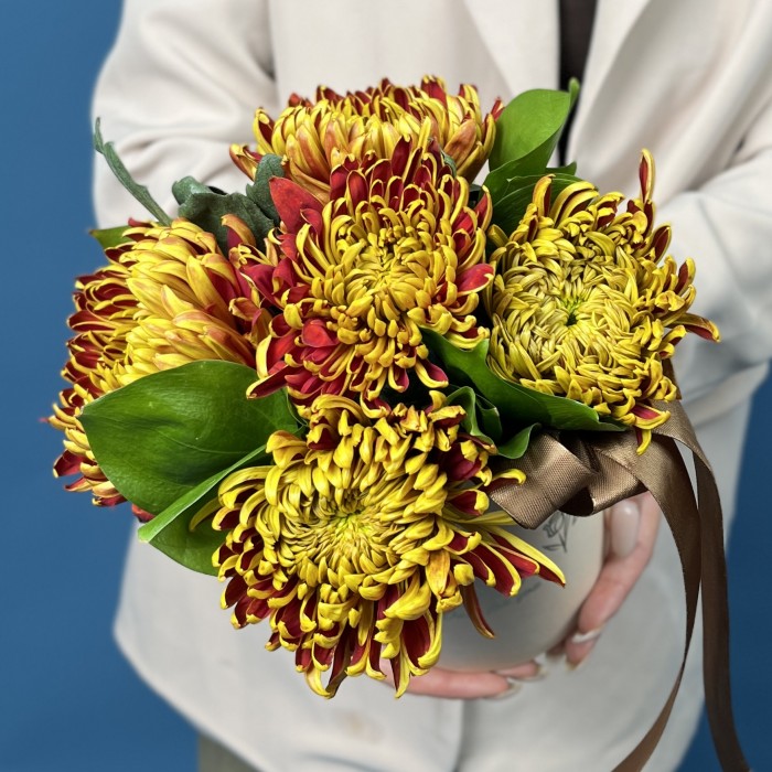 5 желто-красных хризантем Том Пирс в коробке