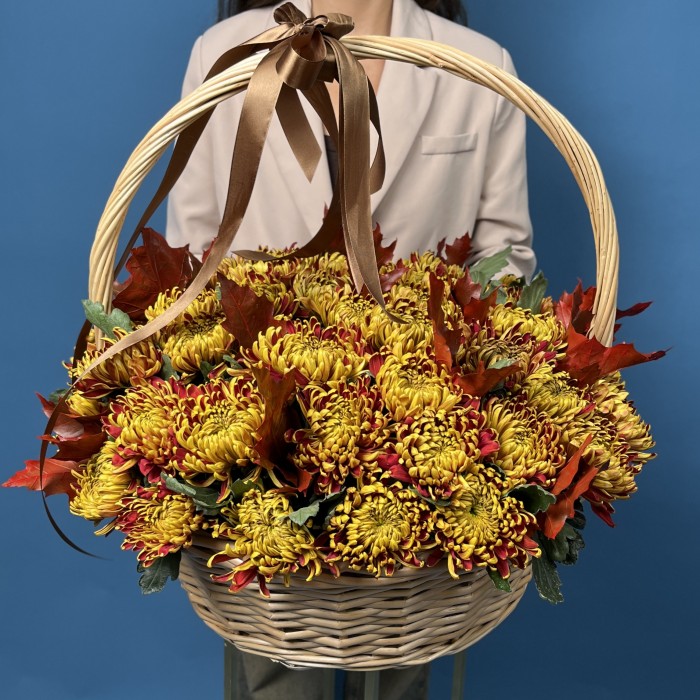 51 желто-красная хризантема Том Пирс в корзине