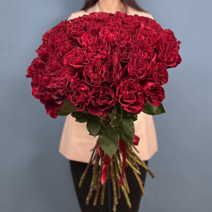 51 красная пионовидная роза Хартс 70 см