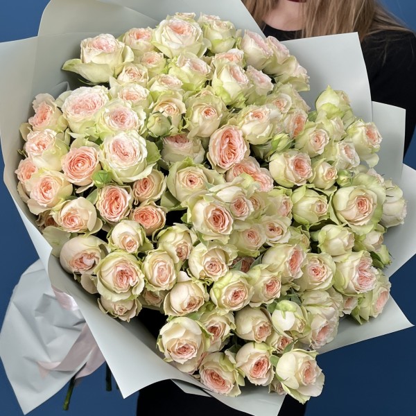 25 кустовых персиково-зеленых роз Павлова 50 см