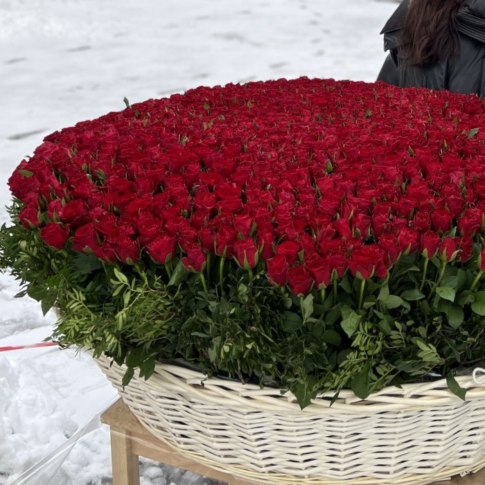 1001 яркая красная роза в корзине