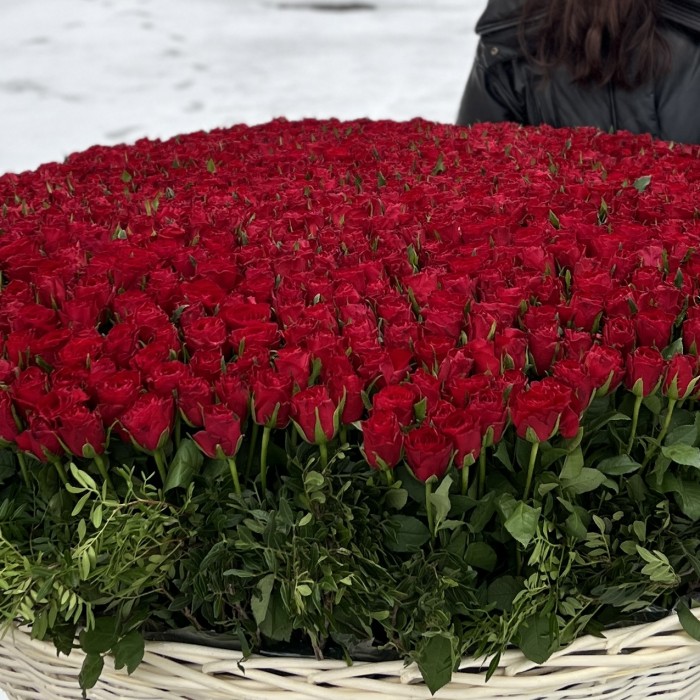 1001 яркая красная роза в корзине